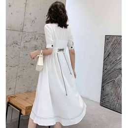 Fashion Designer Runway Dress Summer Women V Neck Short Sleeve Lace up Vintage French Casual White 210608