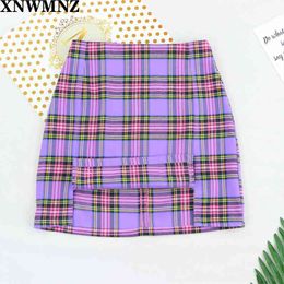 Women Back Zipper Opening Plaid Print Skirt With Two Small Front Slits Lined Mini Skirts 210520