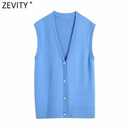 Zevity Women Fashion V Neck Solid Diamond Buttons Soft Knitting Sweater Female Sleeveless Casual Vest Chic Cardigans Tops S648 210806