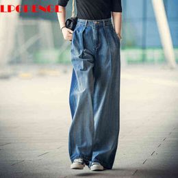 Jeans Women's Wide-leg y2k Streetwear High Waist Vintage Trousers Casual Simple Blue Buttons Straight Denim Long Pant 211129