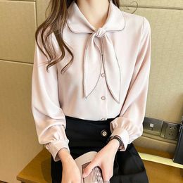 Korean Blouse Women Chiffon s Shirts Long Sleeve Tops Plus Size Woman Ribbon Bow Shirt s 210604