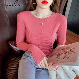 Spring Fall Korean Style T-Shirt Girl Chic Sexy O-Neck Drape Slim Women Tops Cotton Long Sleeve Bottoming Shirt Tees T11707A 210421