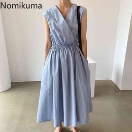 Nomikuma Korean Elegant Dress Women V Neck Sleeveless Slim Waist A Line Dresses Arrival Simple Temperament Vestidos Mujer 210514