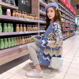 Woman Cardigan Sweater Hit Colors Wave Knitted Winter Fall Long Oversized With Pocket Vintage Outfit 210427