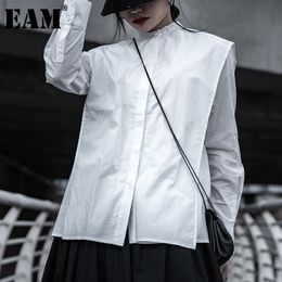 [EAM] Women White Pleated Big Size Blouse Stand Collar Long Sleeve Loose Fit Shirt Fashion Spring Autumn 1DD6207 21512