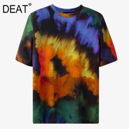 Fashion Tie Dye Rainbow Print Foreign Style Personalized Shoulder Pad Removable Short Sleeve T-shirt Summer GX1124 210421