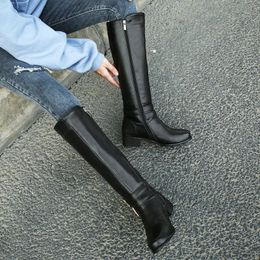 Boots Winter Autumn Ladies Retro Zipper Thick Heel Embossed Leather Western Spring Fashion Belt Buckle Knee High