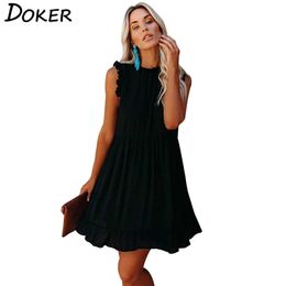 Summer Peter Pan Collar Ruffle Solid Colour Women Dress Casual Loose Party Beach Plus Size Ladies Mini Dresses 210604