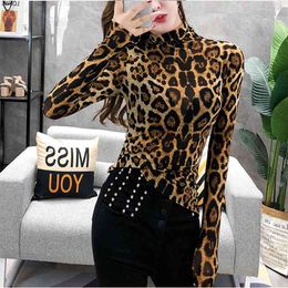 Leopard T-shirt Women Spring Turtleneck Stretchy Slim Long Sleeve T shirt Tops Tee ropa mujer T9D602Y 210421