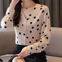 Korean Women Blouses Shirts Woman Chiffon Top Long Sleeve Ladies Print Polka Dot Blouse Plus Size 210427