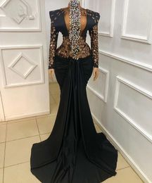 Black Sexy Mermaid Evening Dresses for Arabic Women High Neck Dress Long Sleeves Crsytal Beaded Sweep Train Formal Prom Pageant Gowns Mal