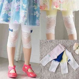 Summer 2 3 4 6 8 10 Years Children Candy Colour Capris Bow Lace Patchwork Calf Length Cute Leggings For Kids Baby Girls 210701