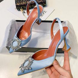 Sandali più taglia 40 41 42 donne blu pompa seta raso appuntita di punta da donna di toe scarpe di cristallo di cristallo da donna con tacchi alti tacchi