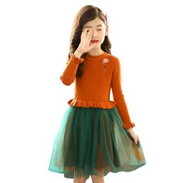 Dress For Girls Winter Sweater Dress Kids Long Sleeve Patchwork Dress Girl Party Teenage Girl Clothes 6 8 10 12 13 14 Year Q0716