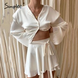 Elegant white two piece A-line O-Neck lace up cosy Women's sexy nightclub home dress Autumn winter 210414