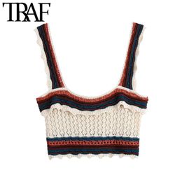 TRAF Women Fashion With Ruffles Crochet Knitted Tank Top Vintage Square Collar Wide Straps Female Camis Mujer 210415