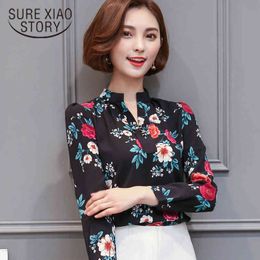 Fashion Office Blouse Slim Body Lady Printed Chiffon Long Sleeve Flower Shirt 66H 30 210415