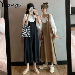 Plus Size Casual 2Pcs Set Suspender Long Dress +Boyfriend Loose Chiffon T-Shirt Oversize Women Summer Wild Fashion Mom Suit 210619