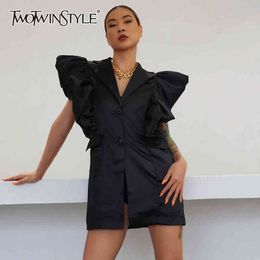 Korean Black Patchwork Ruffle Blazer For Women Notched Sleeveless Casual Slim Blazers Female Spring Fashion Stylish 210524