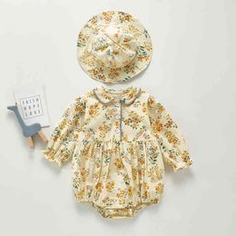 Baby Girl Bodysuits Pop Neck Long Sleeves One Piece Flowers Bodysuit Sweet Crawls Clothing Romper 210429