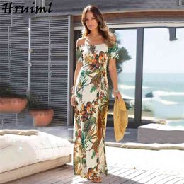 Dress Party Casual Streetwear Thigh Slit Beach Word Collar Below Knee Woman Holidays Elegant Printing Slim Summer es 210513