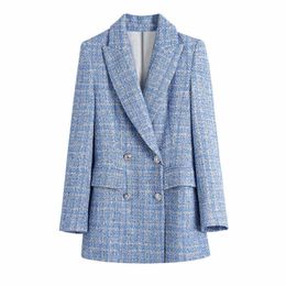 Evfer Women Fashion New Spring Za Plaid Texture Blue T Long Blazer Outwear Female Stylish Double Breasted Slim Thick Jacket X0721