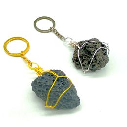 Irregular Natural Black Volcanic Rock Stone Handmade Keychains Key Rings For Women Men Fashion Decor Jewellery