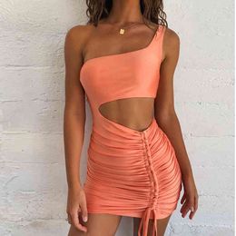 Mini Bodycon Summer Dress Women Club Hollow Out Ruched Backless Orange White Black Party Bandage Women Sexy Dresses 210419