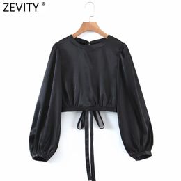 Women Fashion O Neck Solid Black Short Smock Blouse Femme Sexy Backless Kimono Shirt Chic Lace Up Blusas Tops LS7669 210416