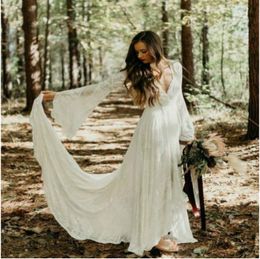 Lace Chic Ivory Boho Dress Civil Forset Country Dresses Deep V Neck Poet Sleeves Summer Beach Wedding for Bride es