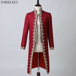 Men's Luxury Red Steampunk Victorian Tuxedo Coat with Vest Mediaeval Cosplay Costume Male Pirate Viking Renaissance Long Uniform 210522