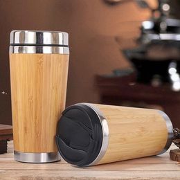 NEWPortable bamboo cup stainless steel insulation Cups seal up Home Office car mugs 2style lid ZZA6654