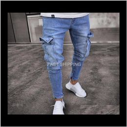 Mens Jeans Ripped Pocket Blue Solid Color Denim Slim Fashion High Street Biker Male Long Trousers Pencil Xwoxc Brpht