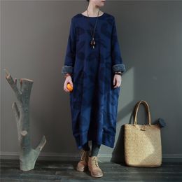 Johnature Women Jacquard Dresses Cotton Linen Robes O-Neck Long Sleeve Fleece Winter Vintage Warm Women Casual Dresses 210521