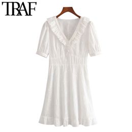 TRAF Women Chic Fashion With Lace Ruffles Mini Dress Vintage V Neck Short Sleeve Lining Female Dresses Vestidos Mujer 210415