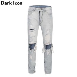 Stoashed Ripped Ankle Zipper Denim Pants High Street Light Blue Jeans Men Regular Style Men's Pants 210603