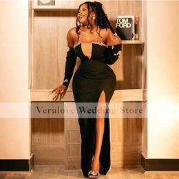 vestidos de dama Honour Prom Dress Mermaid Off Shoulder Long Sleeves Split Sexy Black Beads African Evening Gowns