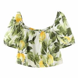 Lemon print Square Collar Short Blouse Women Summer Stylish Puff Sleeve Shirts femme Casual Crop Tops S7377 210430