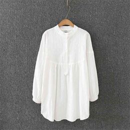 Autumn Cotton Jacquard Solid White Plus Size Half High Collar Full Women Shirts 210615