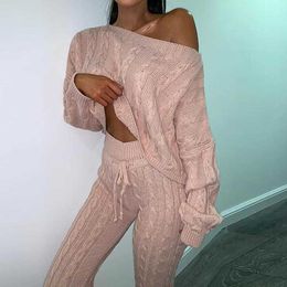 Autumn Women Knitted Sweater Sets Women Sexy Off Shoulder Solid Cropped Top+Pants 2PCs Suits Joggers Tracksuit Suit Outfits Sets Y0625
