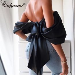 Colysmo Black Crop Top Women Summer Satin Tops White Sexy Off Shoulder Deep V-neck Cropped Vintage Bustier Cami Top 210407