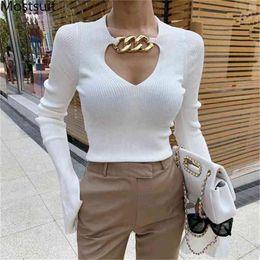 Gold Chain Spliced V-neck Knitted Sweaters Women Autumn Korean Flare Sleeve Slim Stylish Sexy Elegant Pullovers Jumpers 210513