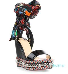 Levantine Wedge & Sandal With Bow & Graffiti Ankle Strap High Quality Gladiator Sandalias Mujer EU35-42