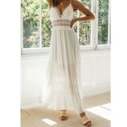 Casual Woman White V Neck Lace Cotton Long Dresses Summer Fashion Ladies Hollow Out Beach Female Backless 210515