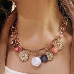 Boho Statement Gold Color Big Chains Baroque Pearls Portrait Shell Pendant Necklace For Women Girls Beach Necklaces Chokers