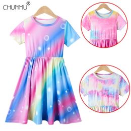 Summer Girls Dress Fashion Rainbow Short Sleeve Kids es For Clothes Princess Party Casual Children 210508