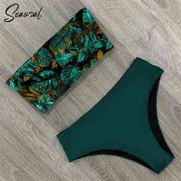 Sexy Low Hight Bikini Set Swimwear Women Bandeau Female Print Floral Strappy Swimsuit Bathing Suit Beach Wear Biquini 210621