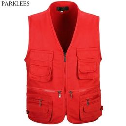 Red Outdoor Work Po Vest Brand Cotton Casual Sleeveless Waistcoat Men Multi-Pockets Zipper Front Cargo Vests Male 210522