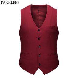 Men's Wedding Groom Red Suit Vest Slim Fit V Neck Sleeveless Dress Vests Waistcoat Male Single Breasted Chaleco Hombre 210522