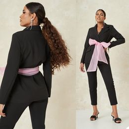 Black Women Pants Suits wiht Belt Celebrity Red Carpet Blazer Suit Ladies Prom Party Wedding Wear(Jacket+Pants)